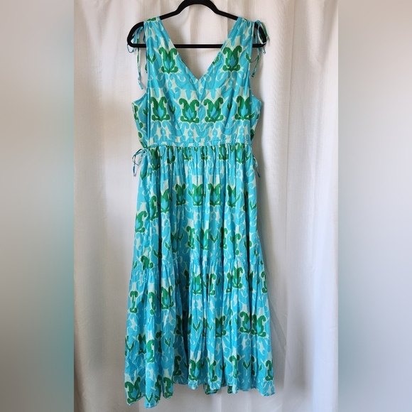Talbots Ikat Medallion Tiered Teal Green Cotton Maxi Dress Size 16P - Picture 8 of 9